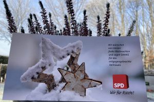 Eine Weichnachtskarte steht vor Pflanzen. Im Hintergund ist eine winterliche Landschaft zu sehen.
